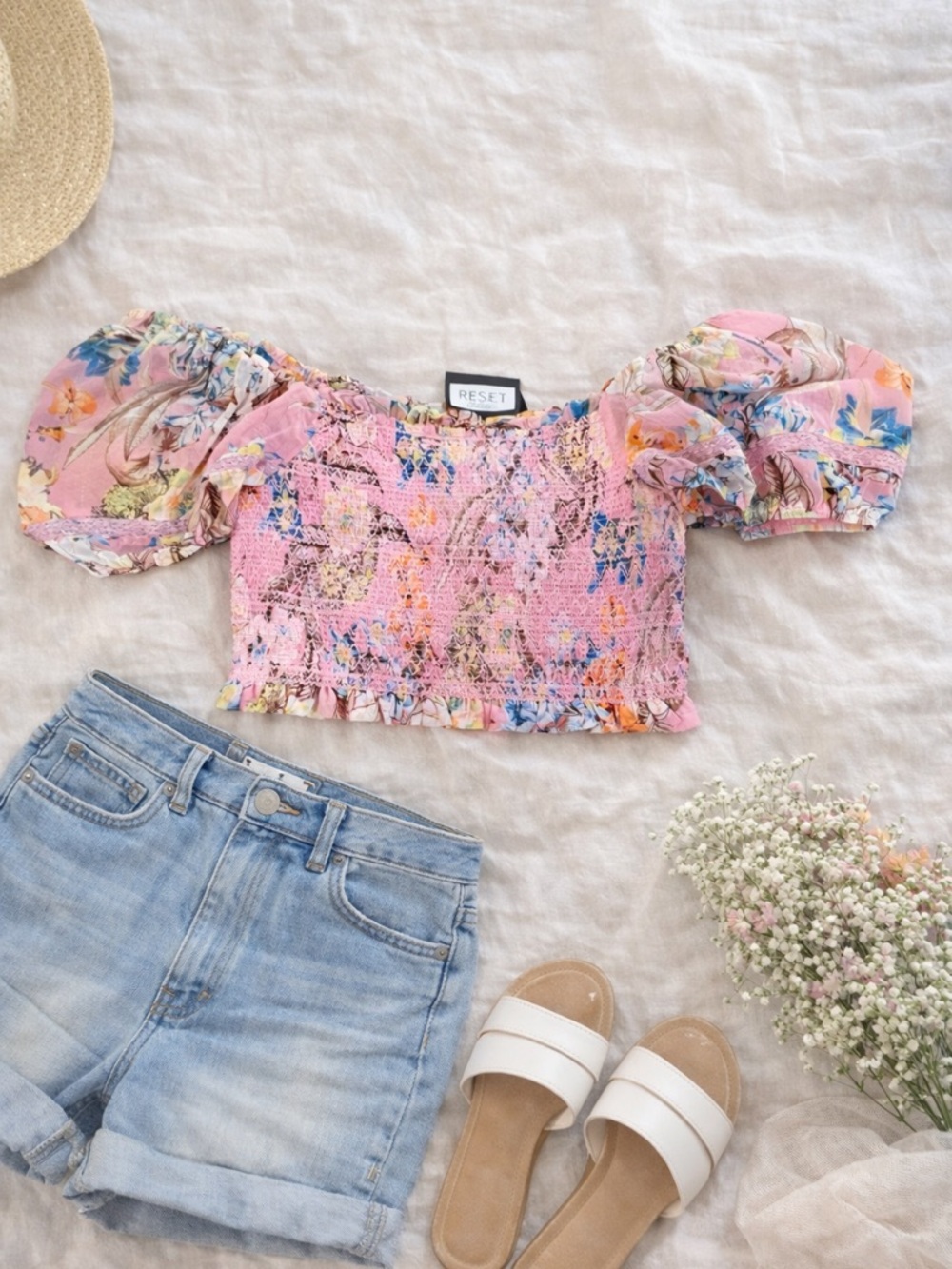 Reset by Jane Pink Floral Smocked Puff-Sleeve Crop Top
